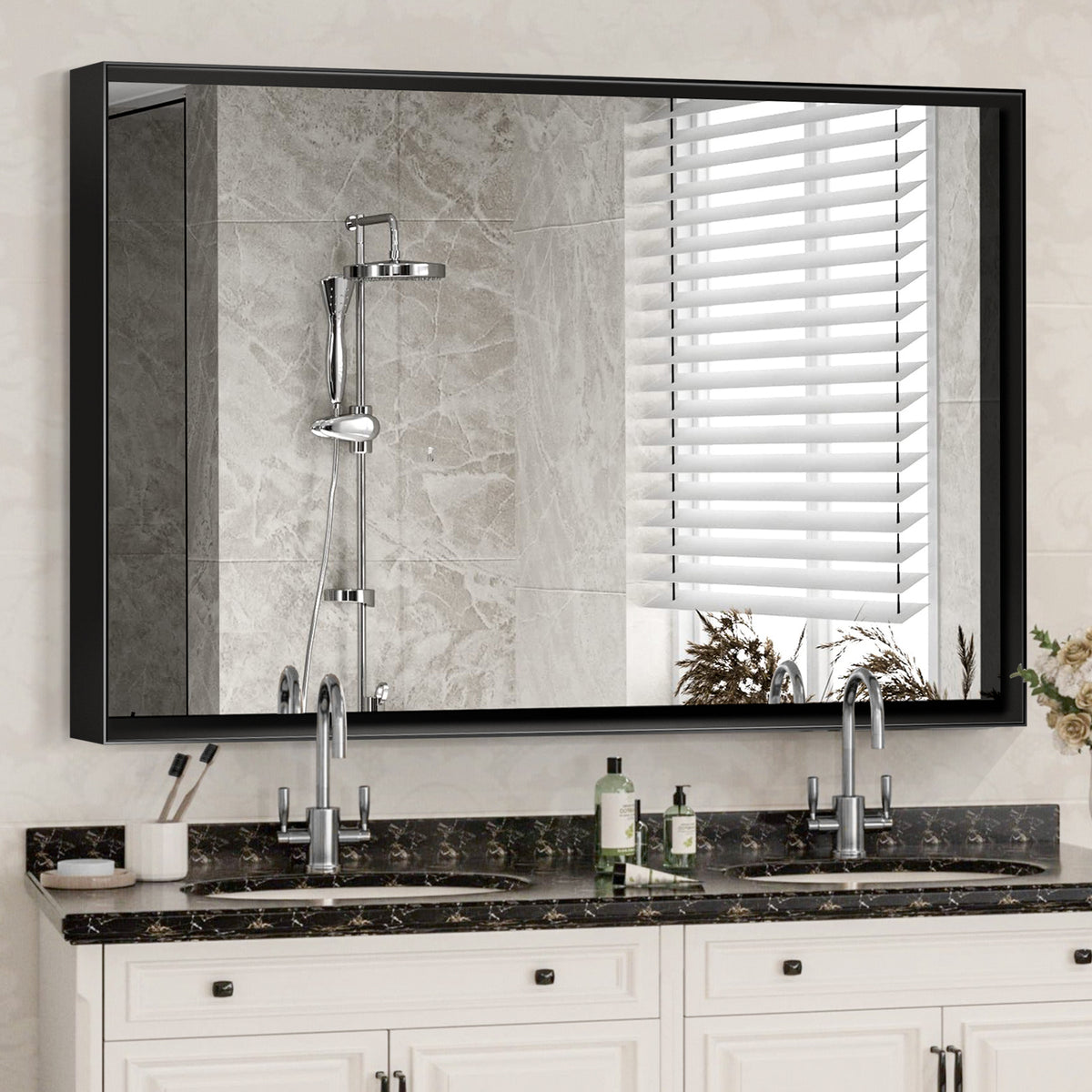 Black aluminum bathroom mirror with sleek, modern design from Anthony & Home, featuring a limited edition style.