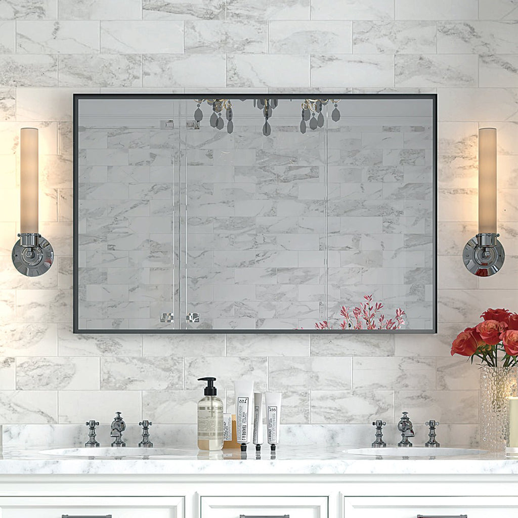 Limited edition black aluminum bathroom mirror by Anthony & Home, sleek rectangular design with reflective glass surface.