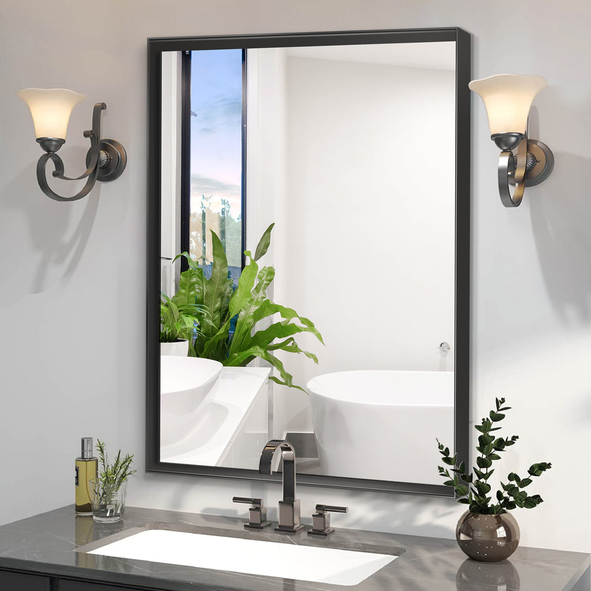 Black aluminum bathroom mirror with sleek, modern design from Anthony & Home, featuring a rectangular shape and clean edges.
