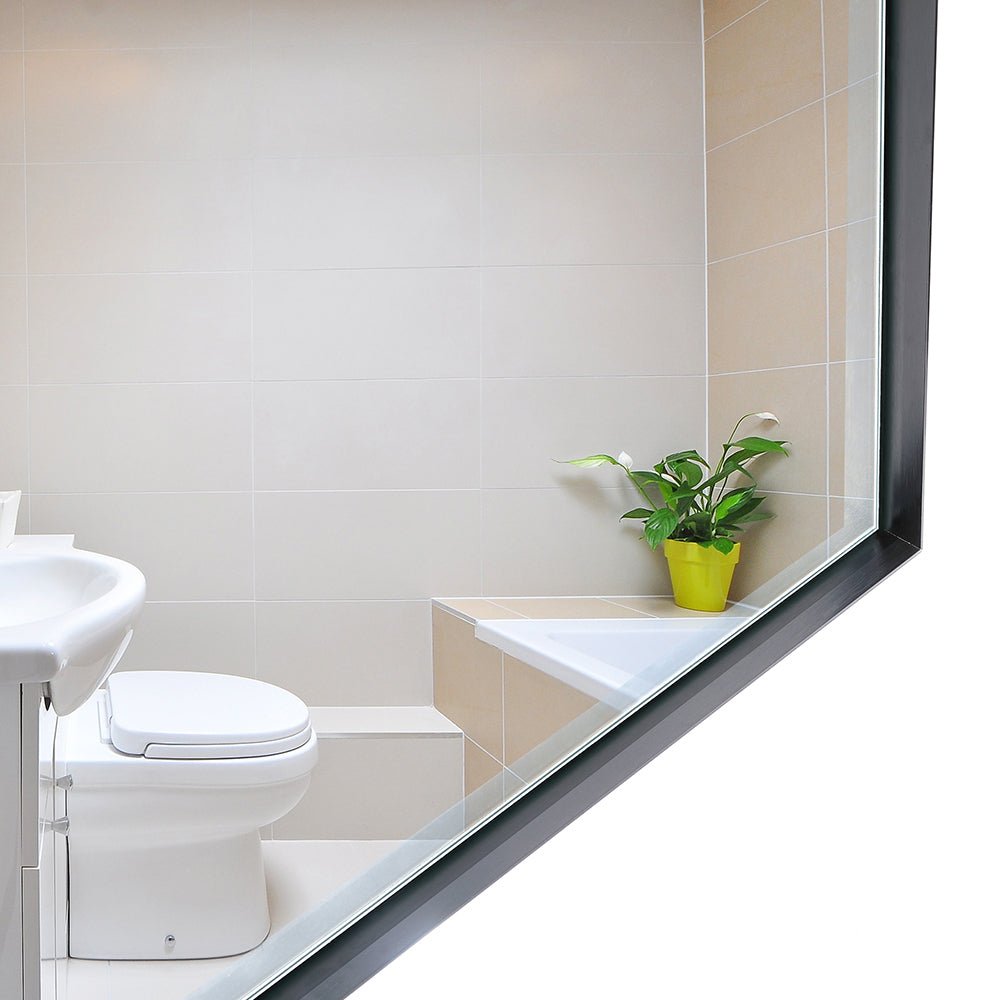 Limited edition black aluminum bathroom mirror by Anthony & Home, featuring a sleek modern design with a reflective surface.