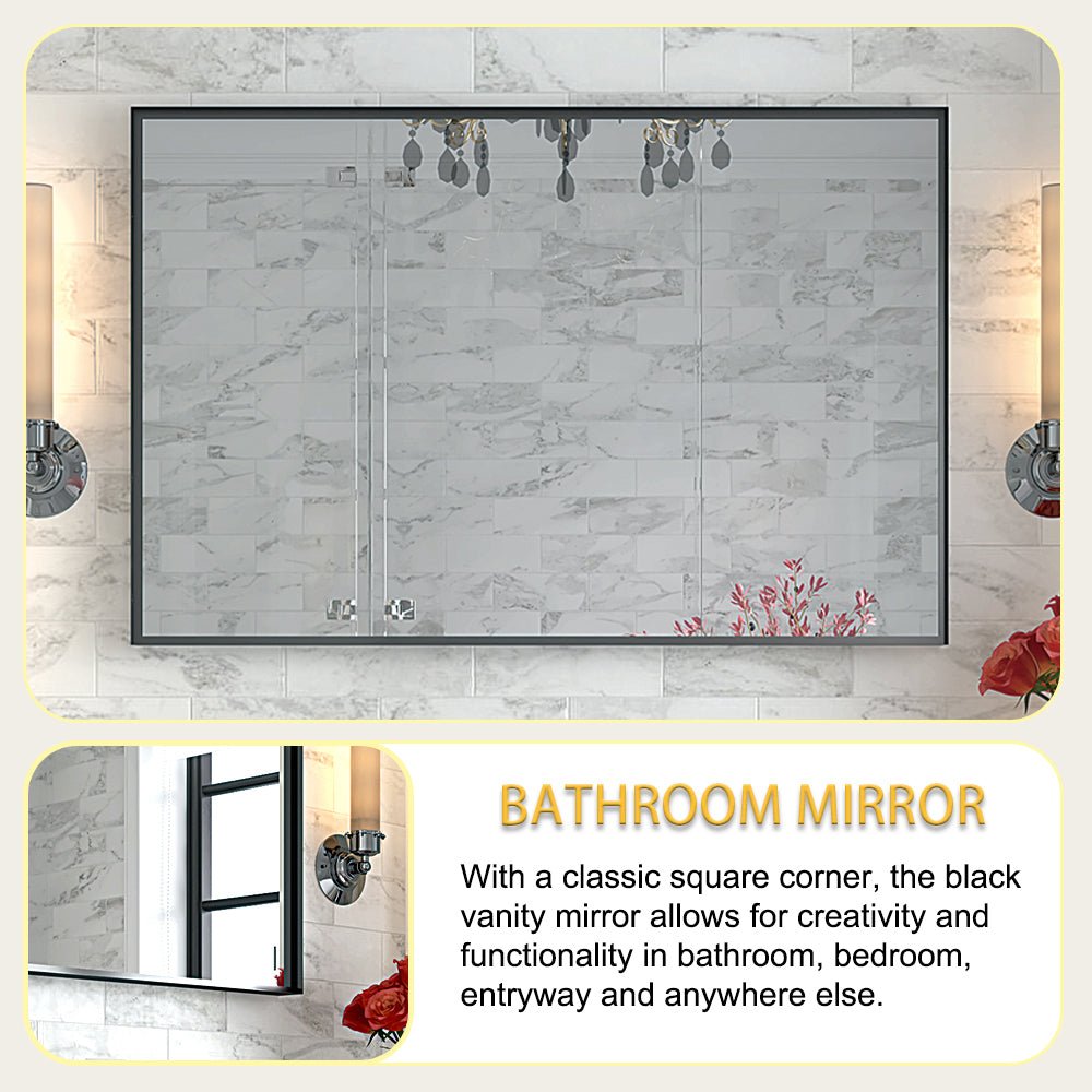 Limited edition black aluminum bathroom mirror with sleek frame, wall-mounted design, by Anthony & Home, reflecting a modern bathroom setting.