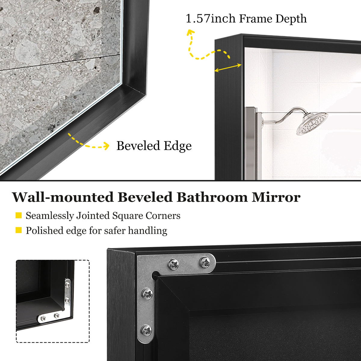 Black aluminum bathroom mirror from Anthony & Home, sleek modern design with clean lines and reflective glass.