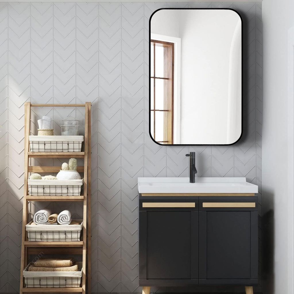 Black aluminum frame bathroom mirror, 24x36 inches, with sleek modern design by Anthony & Home.