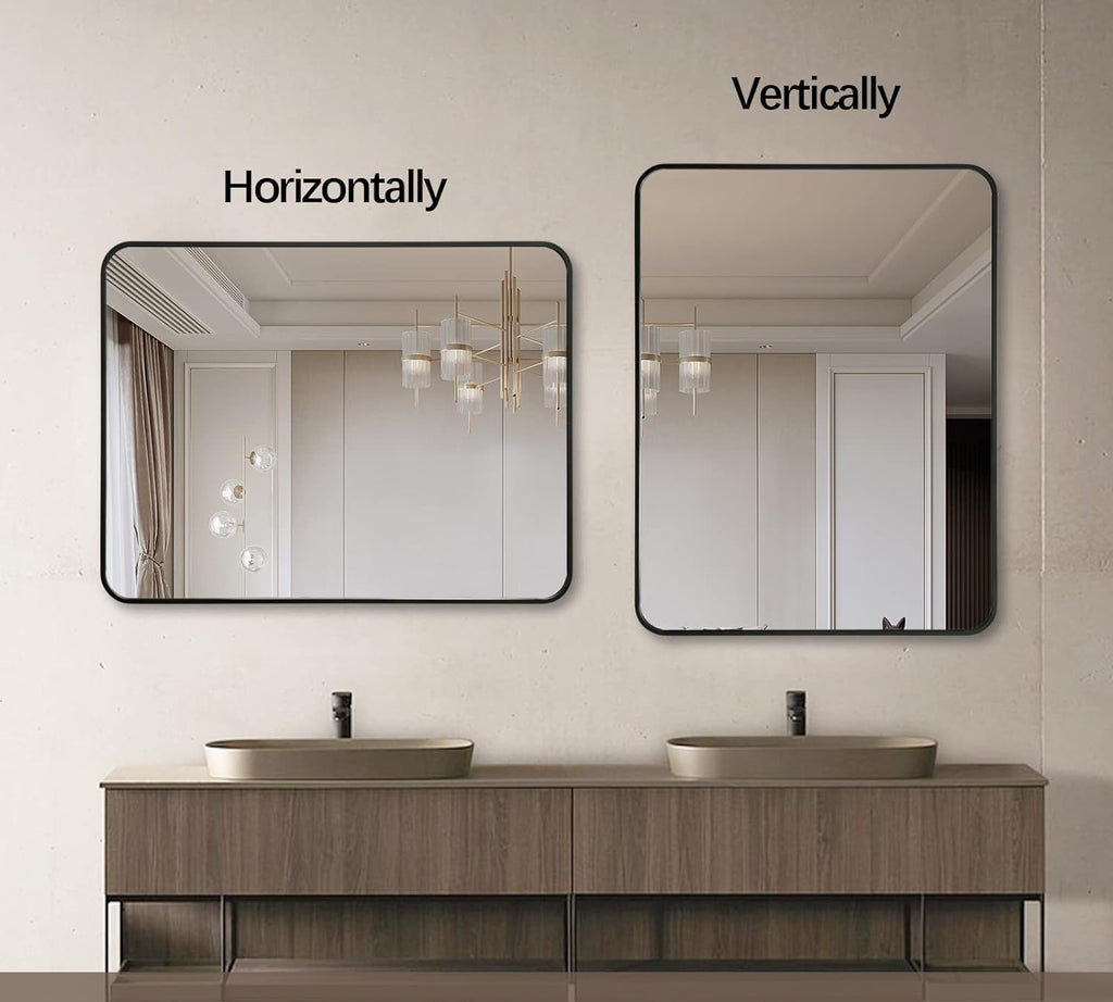 Limited edition black aluminum bathroom mirror, 24x36 inches, featuring sleek modern design by Anthony & Home.