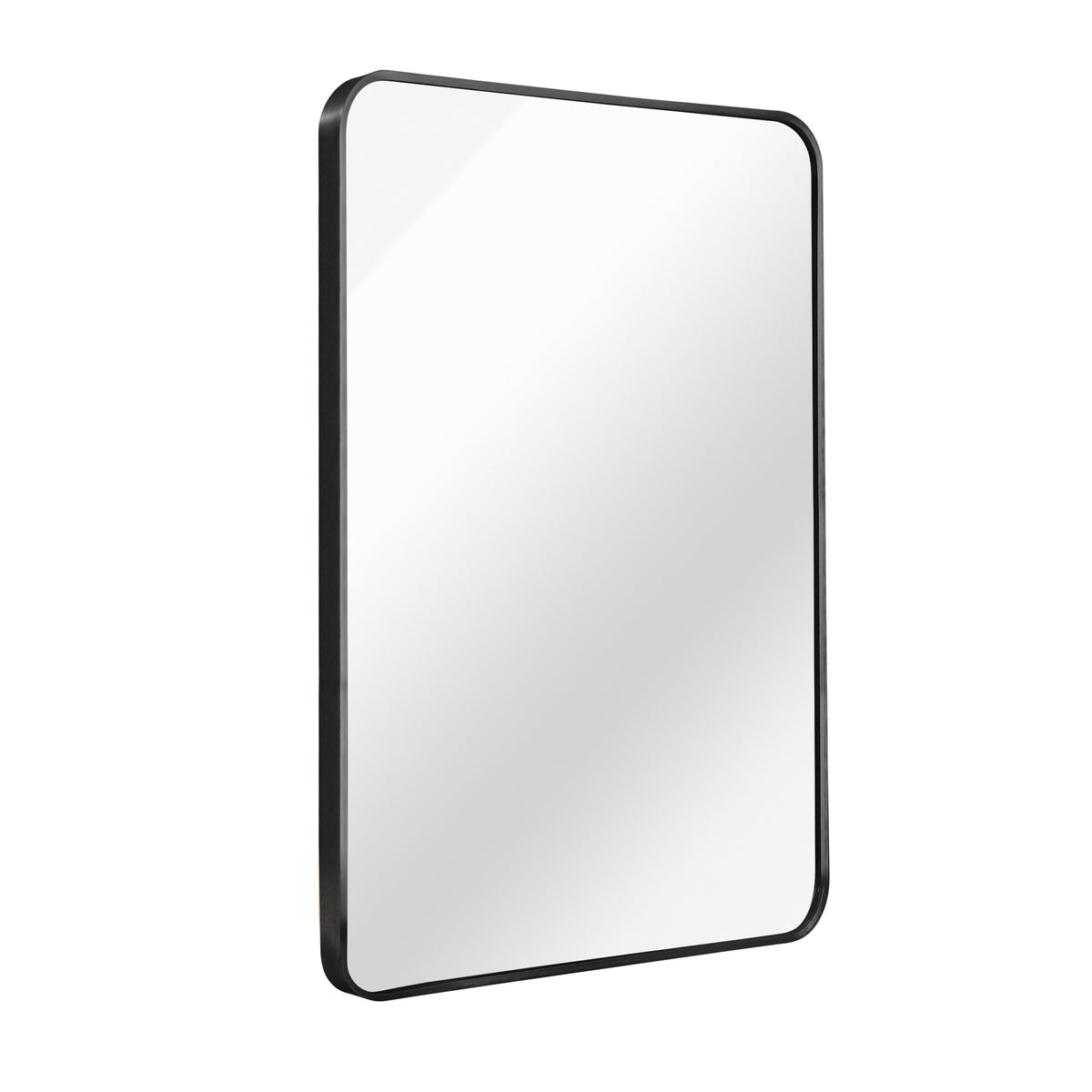 Black aluminum frame bathroom mirror, 24x36 inches, by Anthony & Home, showcasing a sleek modern design with clear reflective glass