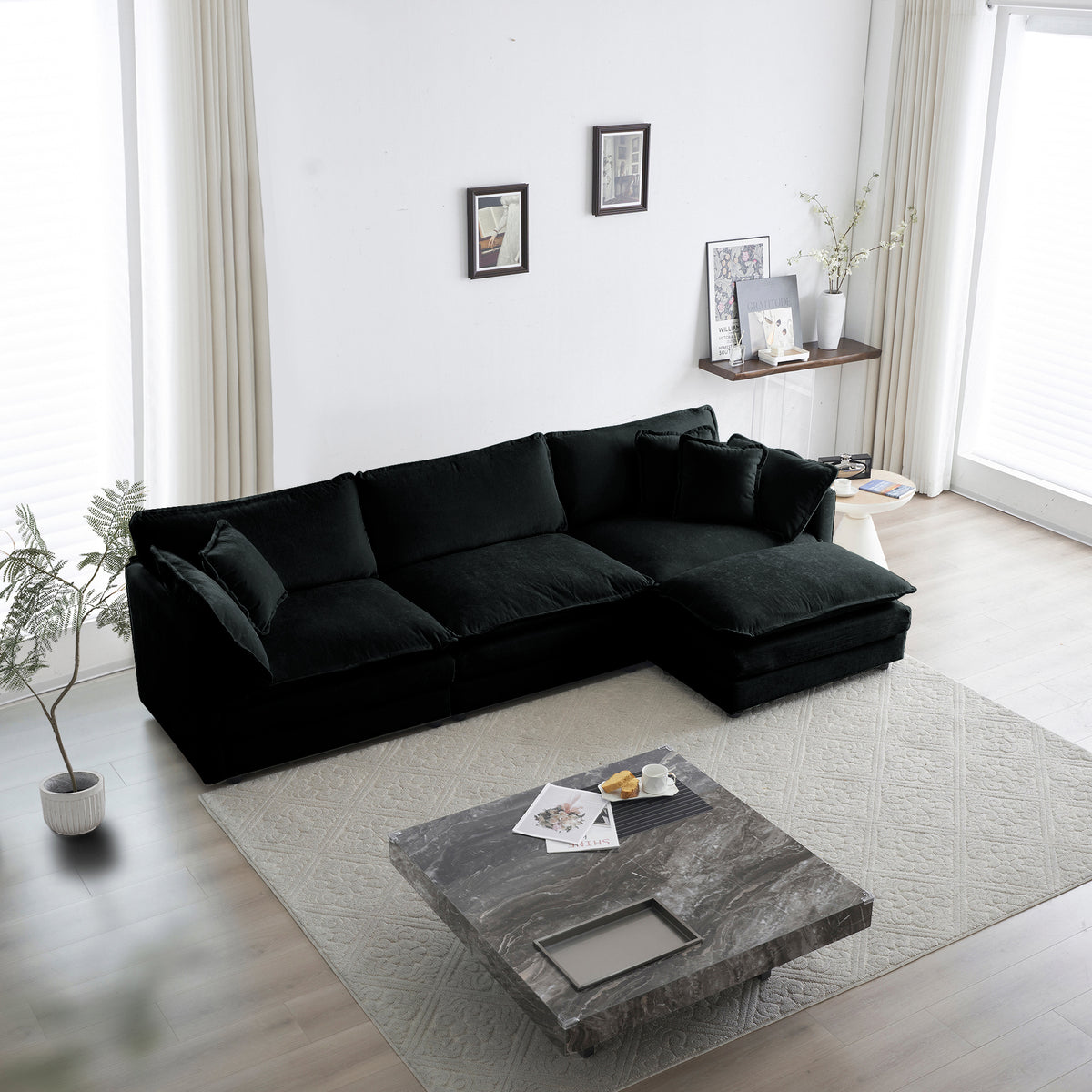 Black chenille oversized L-shaped sectional sofa with reversible ottoman, modular design by Anthony & Home.
