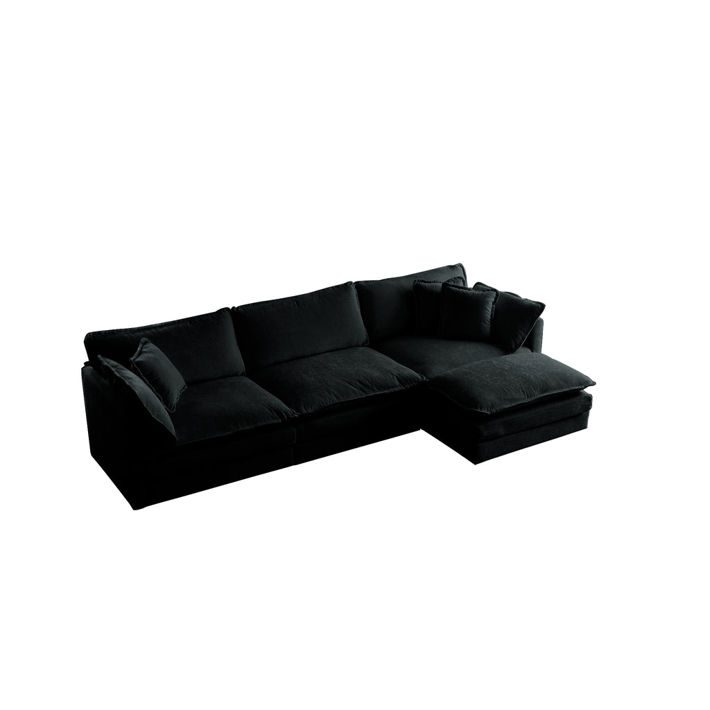 Black chenille oversized L-shaped sectional sofa with reversible ottoman, modular design by Anthony & Home.