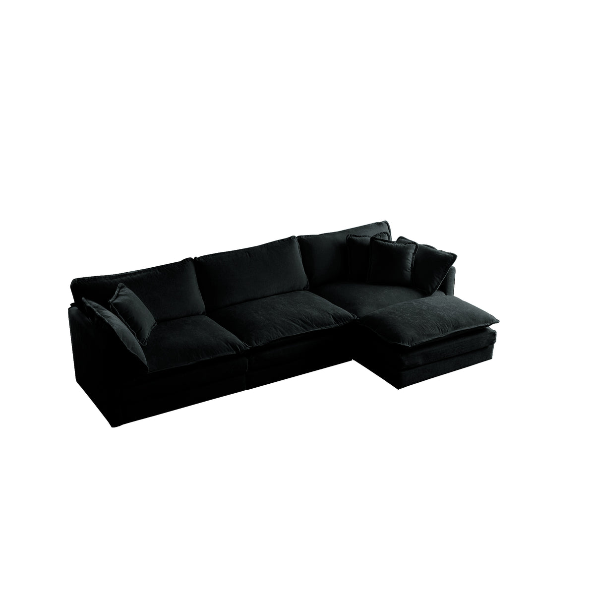 Black chenille oversized L-shaped sectional sofa with reversible ottoman, modular design by Anthony & Home.