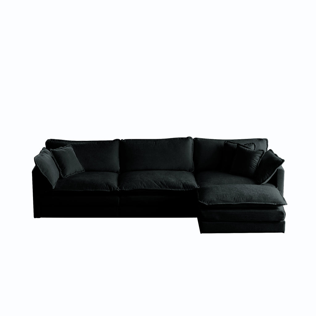 Black chenille oversized L-shaped sectional sofa with reversible ottoman from Anthony & Home, showcasing plush modular seating design.