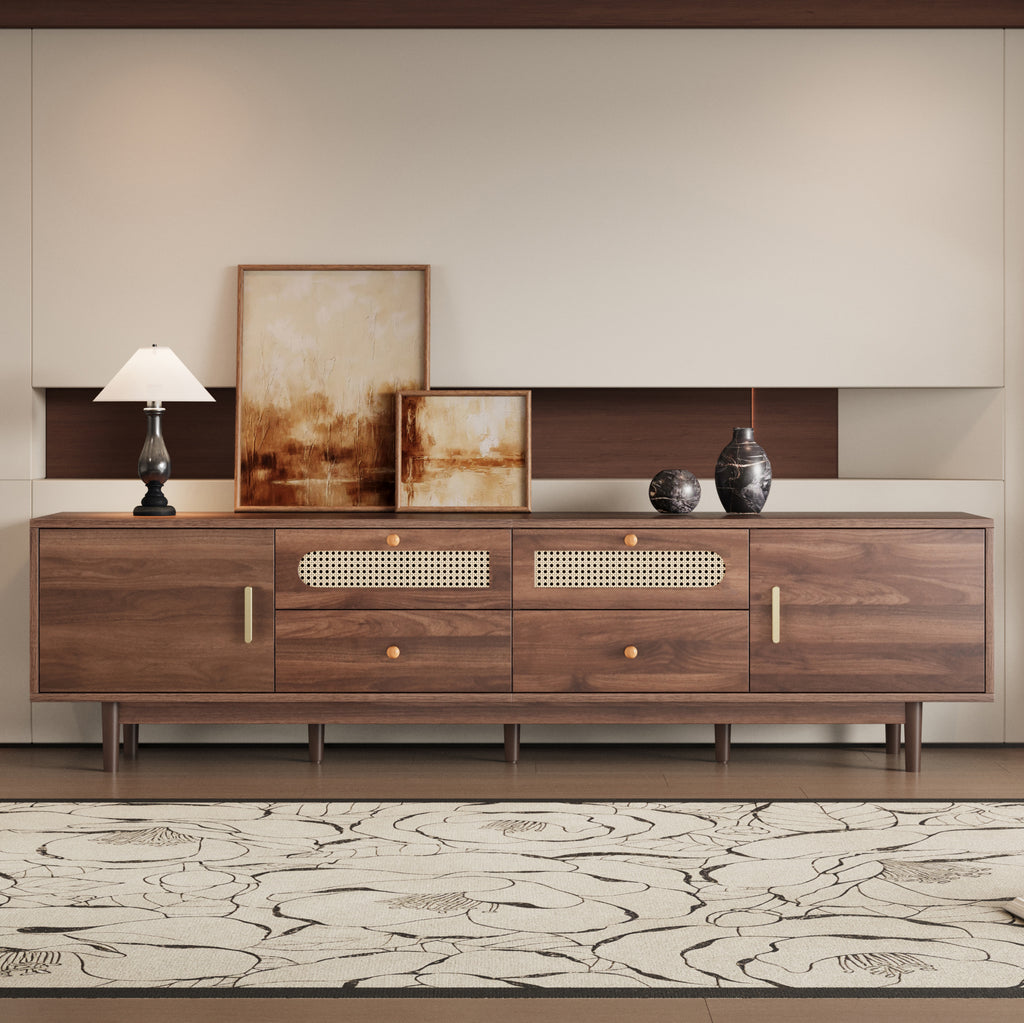 Dark brown pine wood entertainment center by Anthony & Home, showcasing storage compartments and sleek design for modern living rooms.