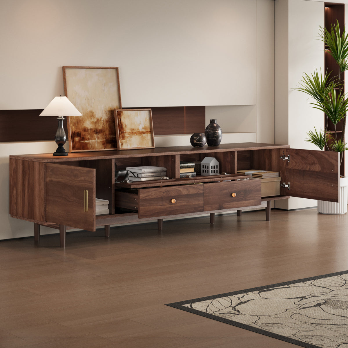 Dark brown pine wood entertainment center by Anthony & Home, featuring open shelves and storage cabinets for media organization.