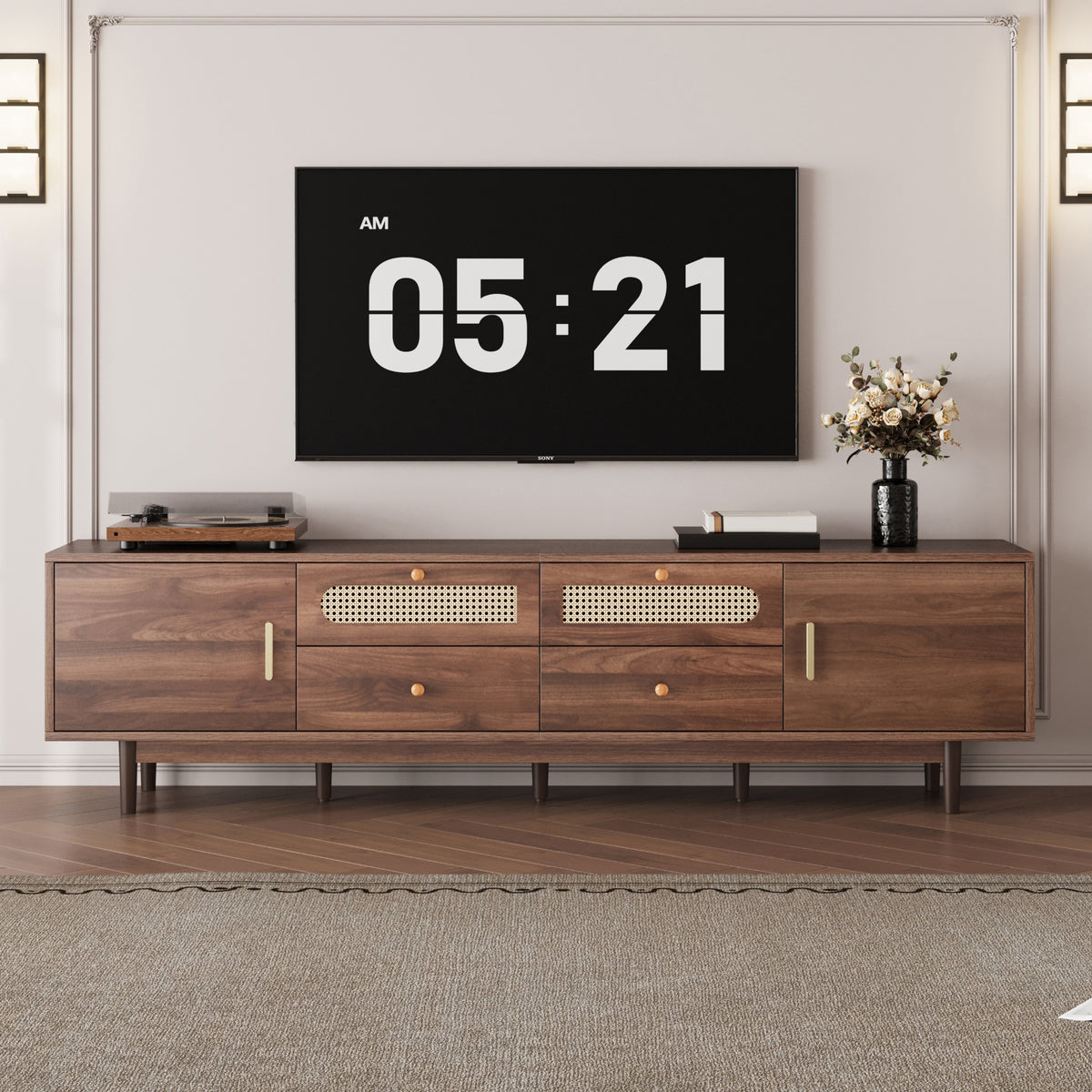 Dark brown pine wood entertainment center by Anthony & Home featuring storage compartments and a modern design.