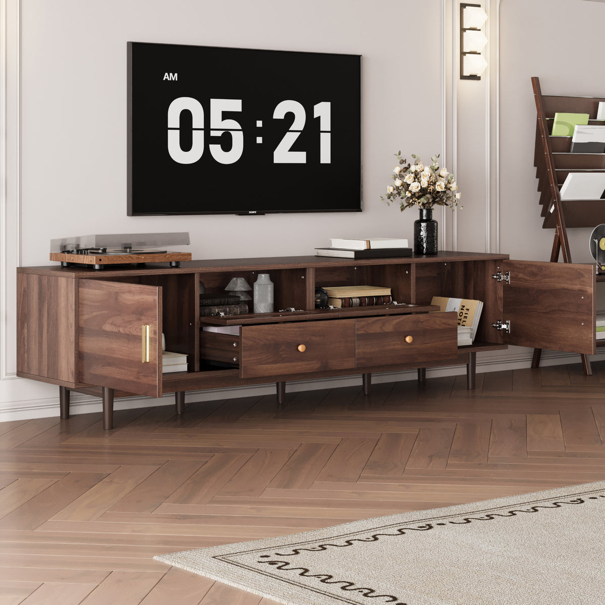 Dark brown pine wood entertainment center by Anthony & Home with open shelves and cabinets for TV and media storage.
