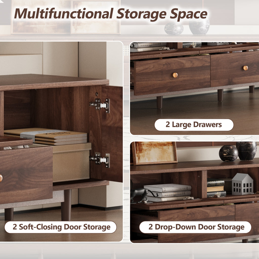 Dark brown pine wood Anthony & Home entertainment center with open shelves and cabinet doors, designed for TV and media storage.