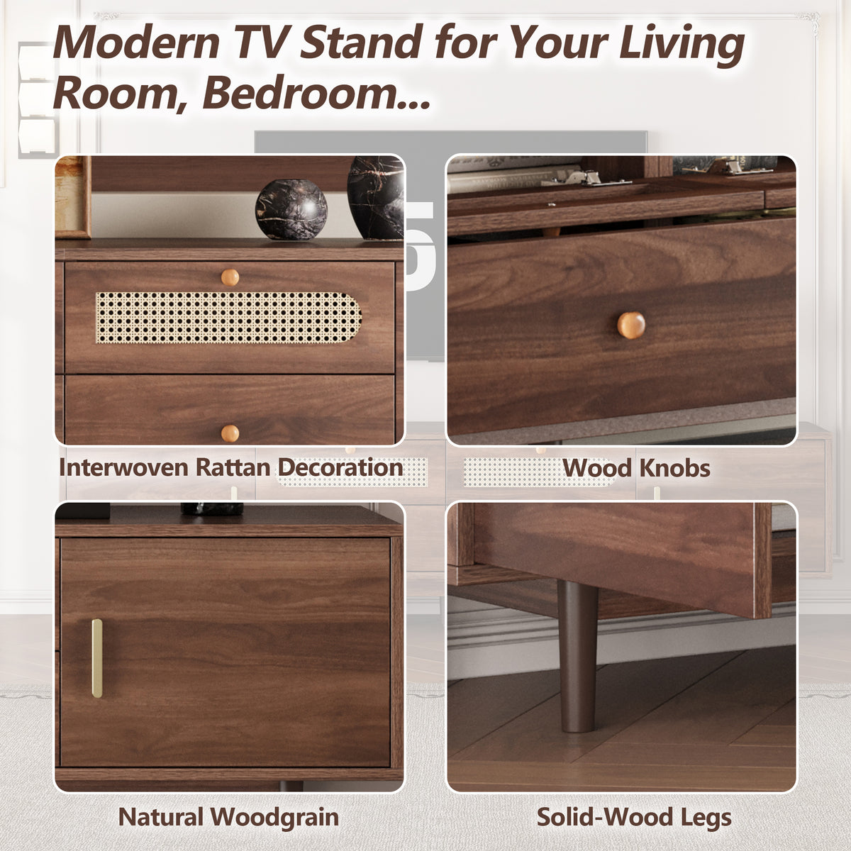 Dark brown pine wood entertainment center with sleek design, featuring open shelves and storage cabinets by Anthony & Home.