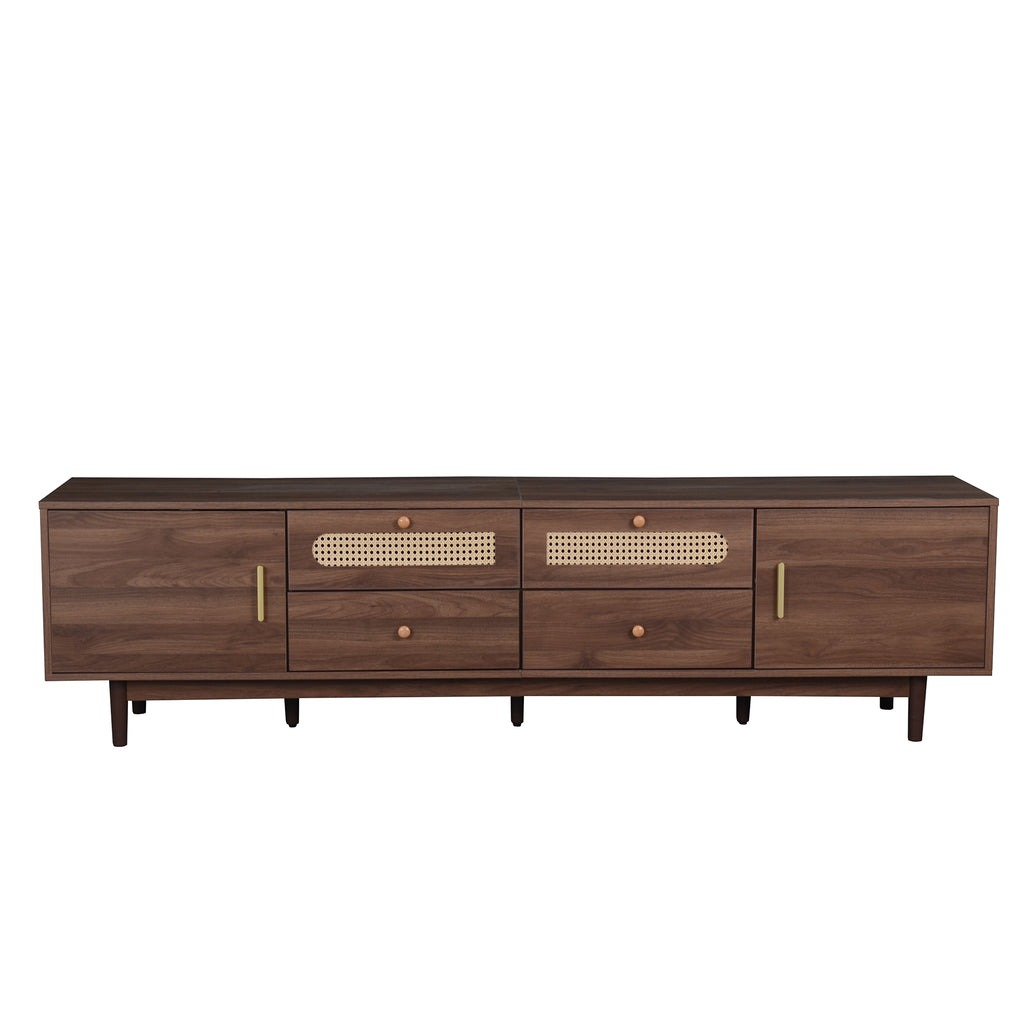 Dark brown pine wood entertainment center by Anthony & Home, featuring open shelves and storage compartments.