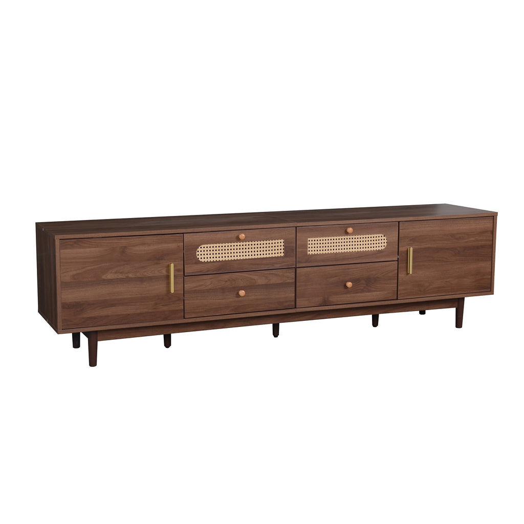 Dark brown pine wood entertainment center by Anthony & Home featuring multiple shelves and storage compartments for media and decor.