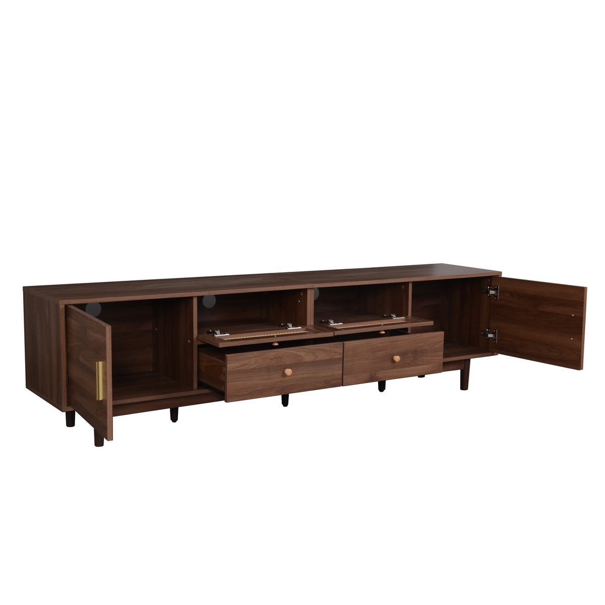 Dark brown pine wood entertainment center by Anthony & Home, showcasing a modern design with multiple storage compartments.