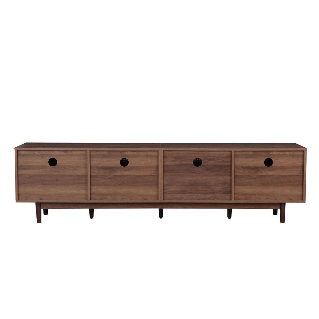 Dark brown pine wood entertainment center by Anthony & Home with open shelving and storage compartments.