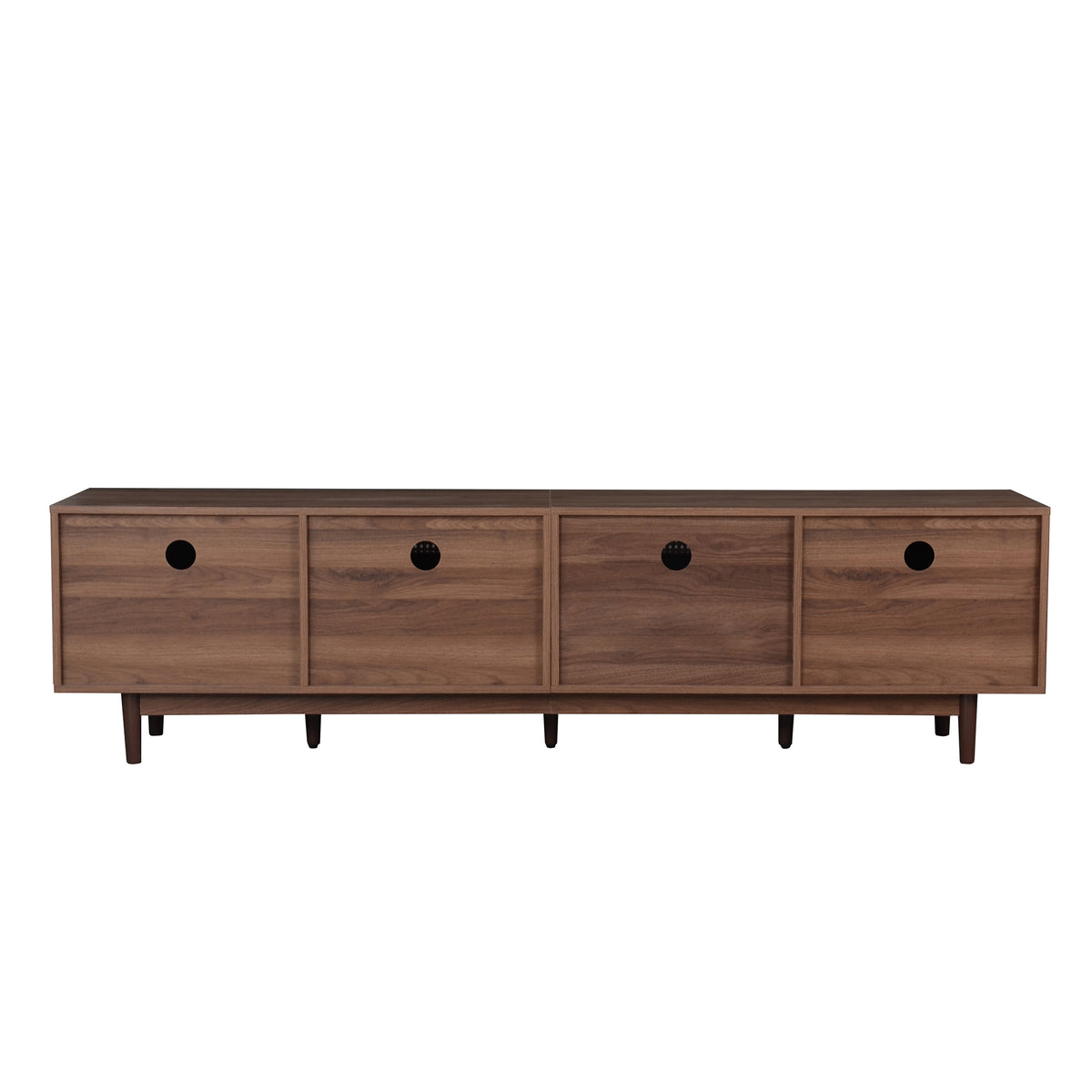 Dark brown pine wood entertainment center by Anthony & Home with open shelving and storage compartments.
