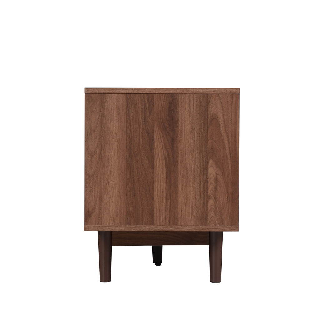 Dark brown pine wood entertainment center by Anthony & Home, featuring shelves and compartments for media storage.
