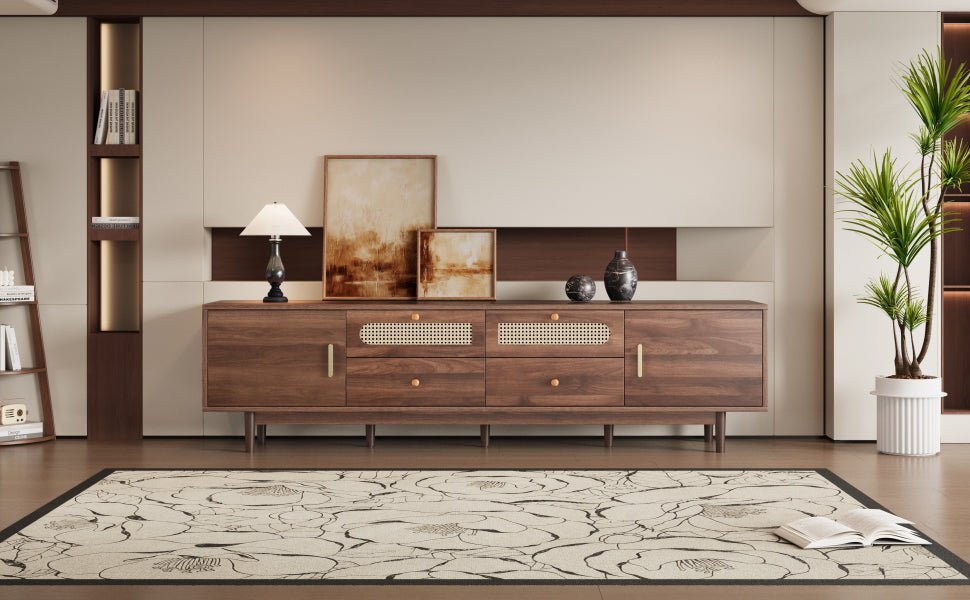 Dark brown pine wood entertainment center by Anthony & Home with multiple shelves and storage compartments.