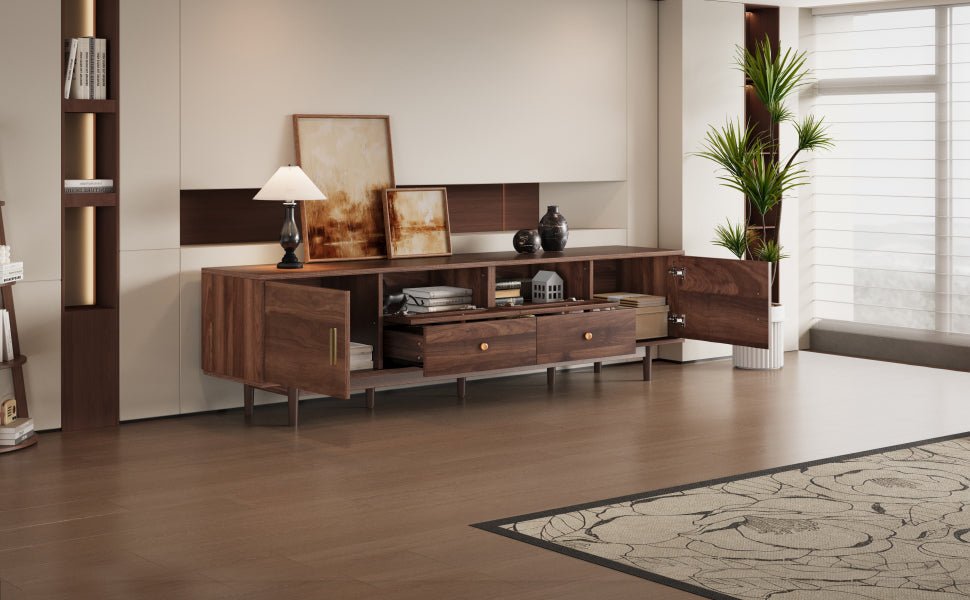 Dark brown pine wood entertainment center by Anthony & Home, featuring open shelving and storage compartments.