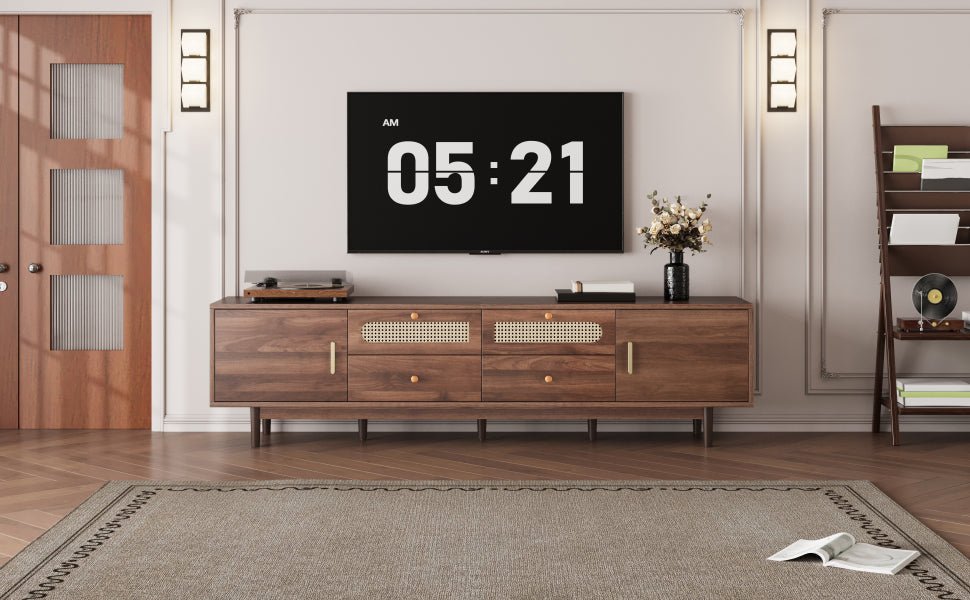 Dark brown pine wood entertainment center by Anthony & Home with open shelving and storage compartments.