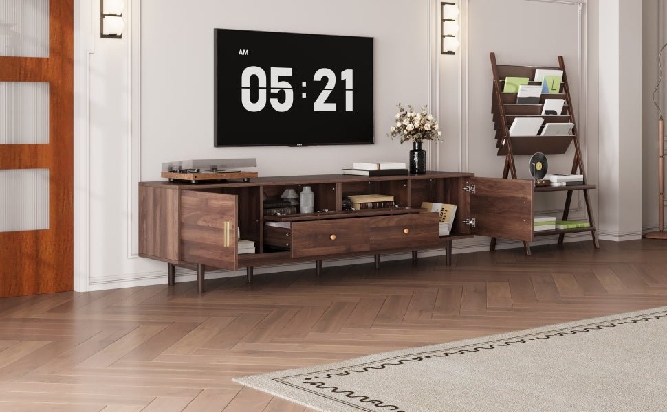 Dark brown pine wood entertainment center by Anthony & Home featuring open shelves and storage compartments.