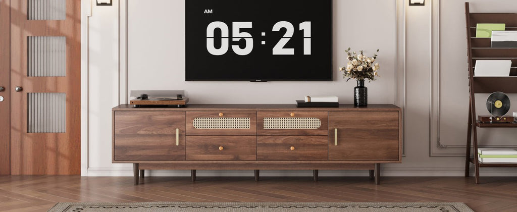 Dark brown pine wood entertainment center by Anthony & Home with open shelves and storage cabinets, showcasing a modern rustic design.