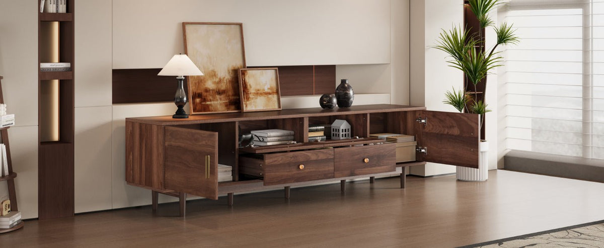 Dark brown pine wood entertainment center by Anthony & Home with open shelves and storage cabinets for living room use.
