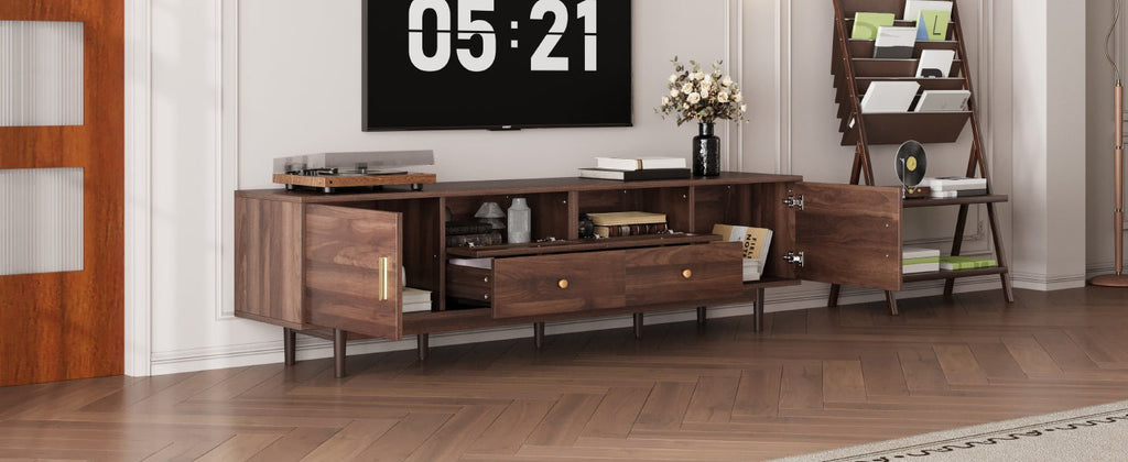 Dark brown pine wood entertainment center from Anthony & Home, featuring multiple shelves and storage compartments.