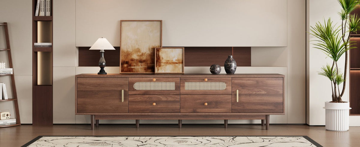 Dark brown pine wood entertainment center by Anthony & Home with multiple shelves and storage compartments.