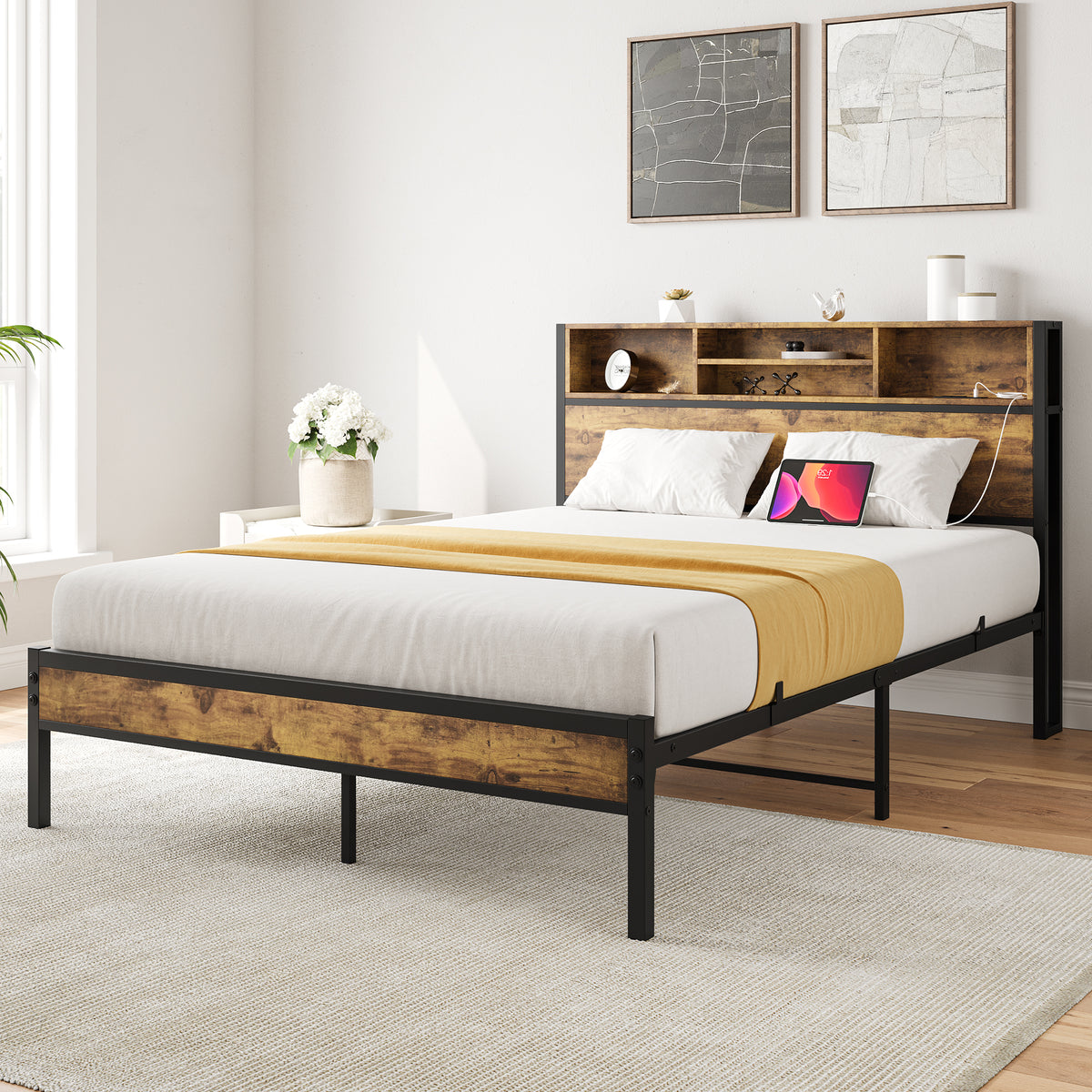 Iron-frame full-size bed frame with built-in storage drawers, featuring a sleek limited edition design by Anthony & Home.