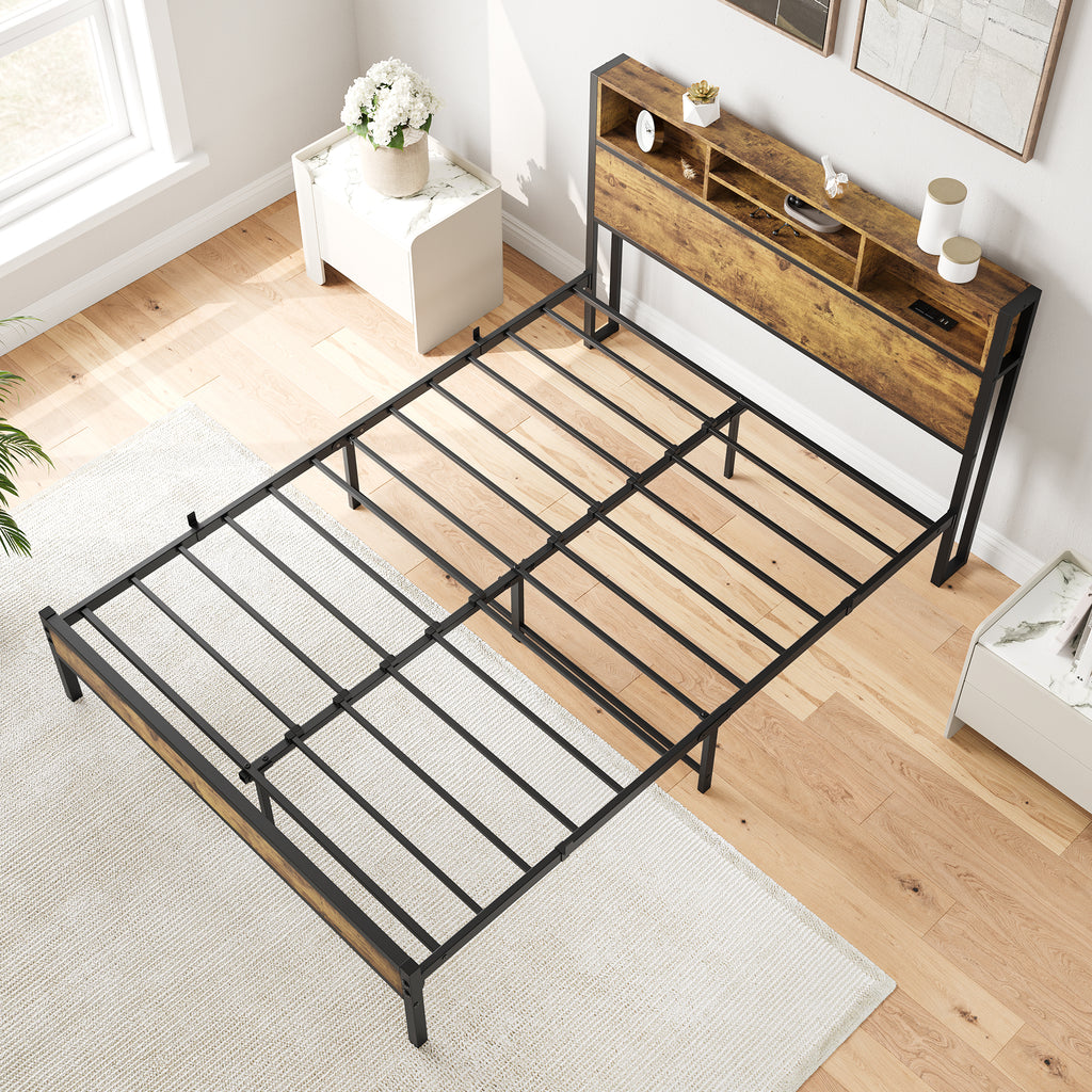 Anthony & Home limited edition iron-frame full-size bed frame with built-in storage, shown in a modern bedroom setting.