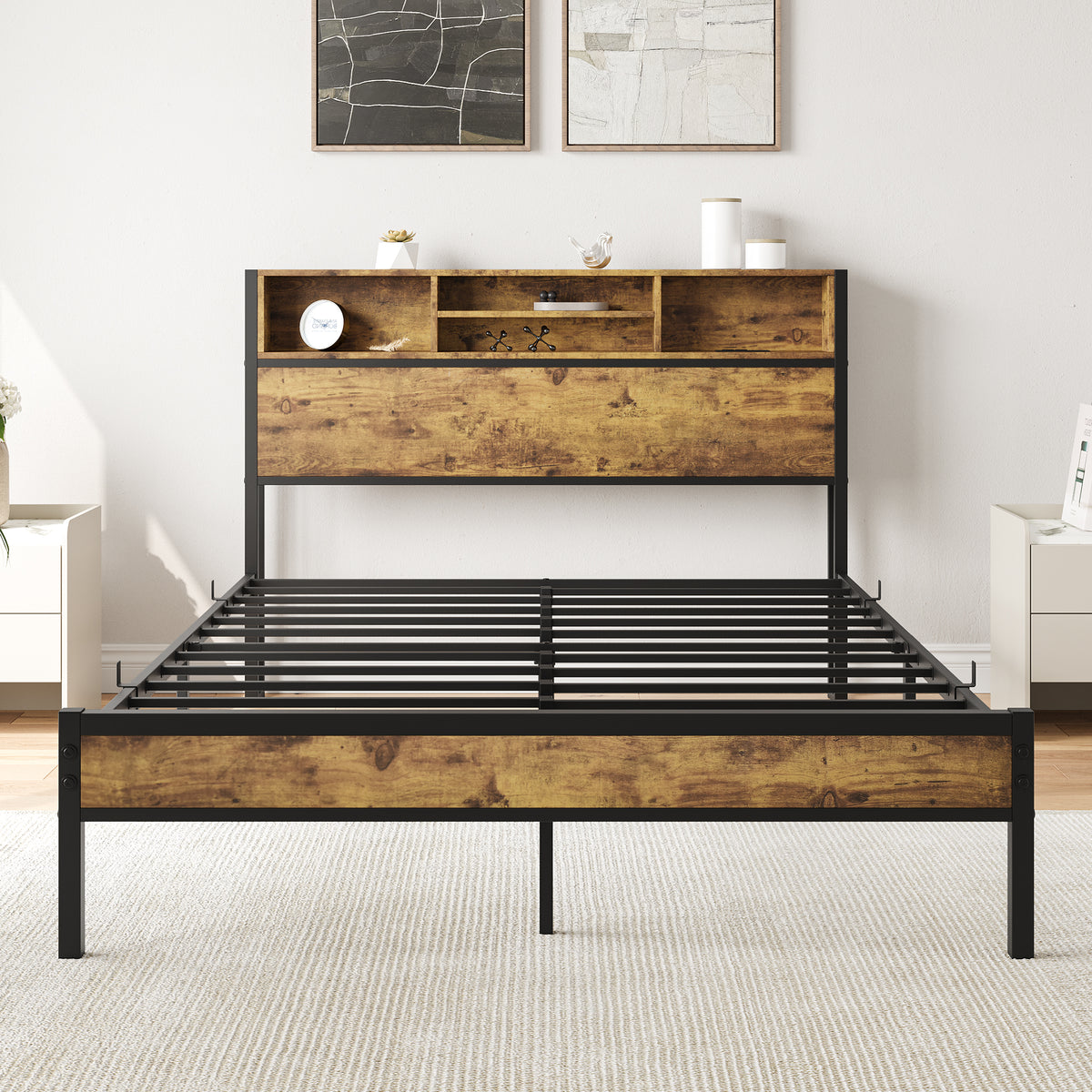 Full-size Iron-Frame Bed Frame with Storage from Anthony & Home, featuring a sturdy iron construction and integrated storage drawers.