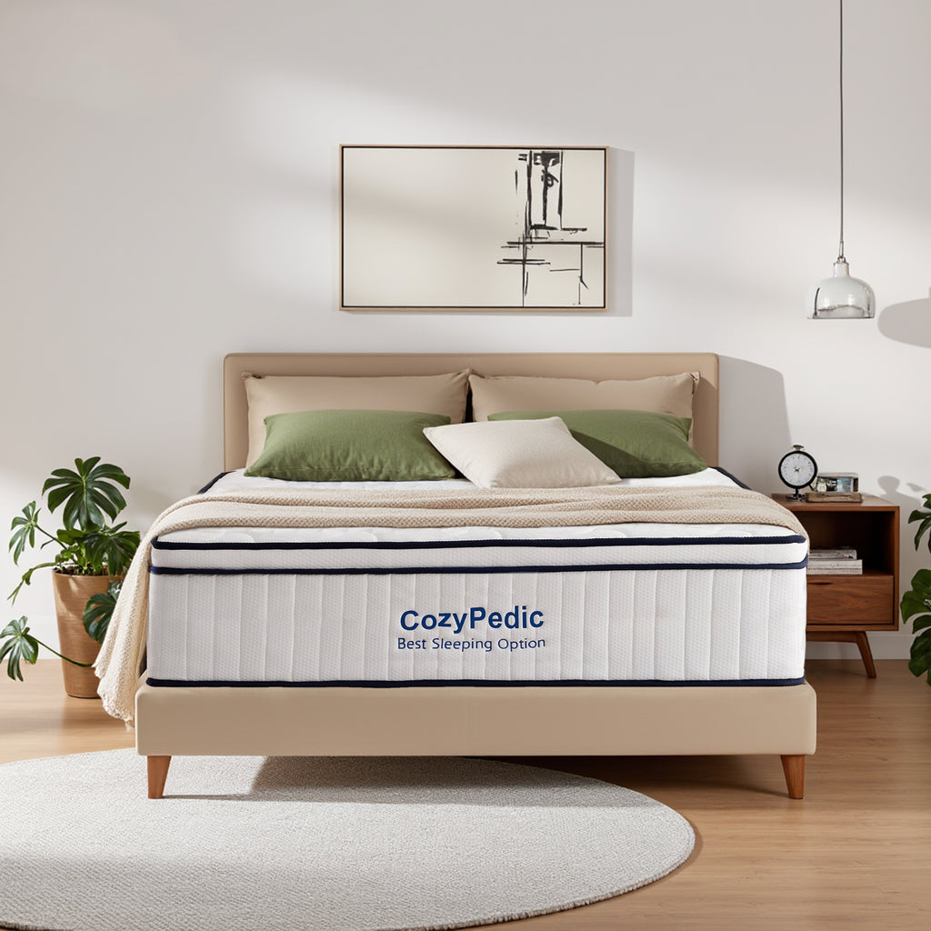 Anthony & Home limited edition King memory foam mattress with pocket spring core and CertiPUR-US certification, showing plush surface.
