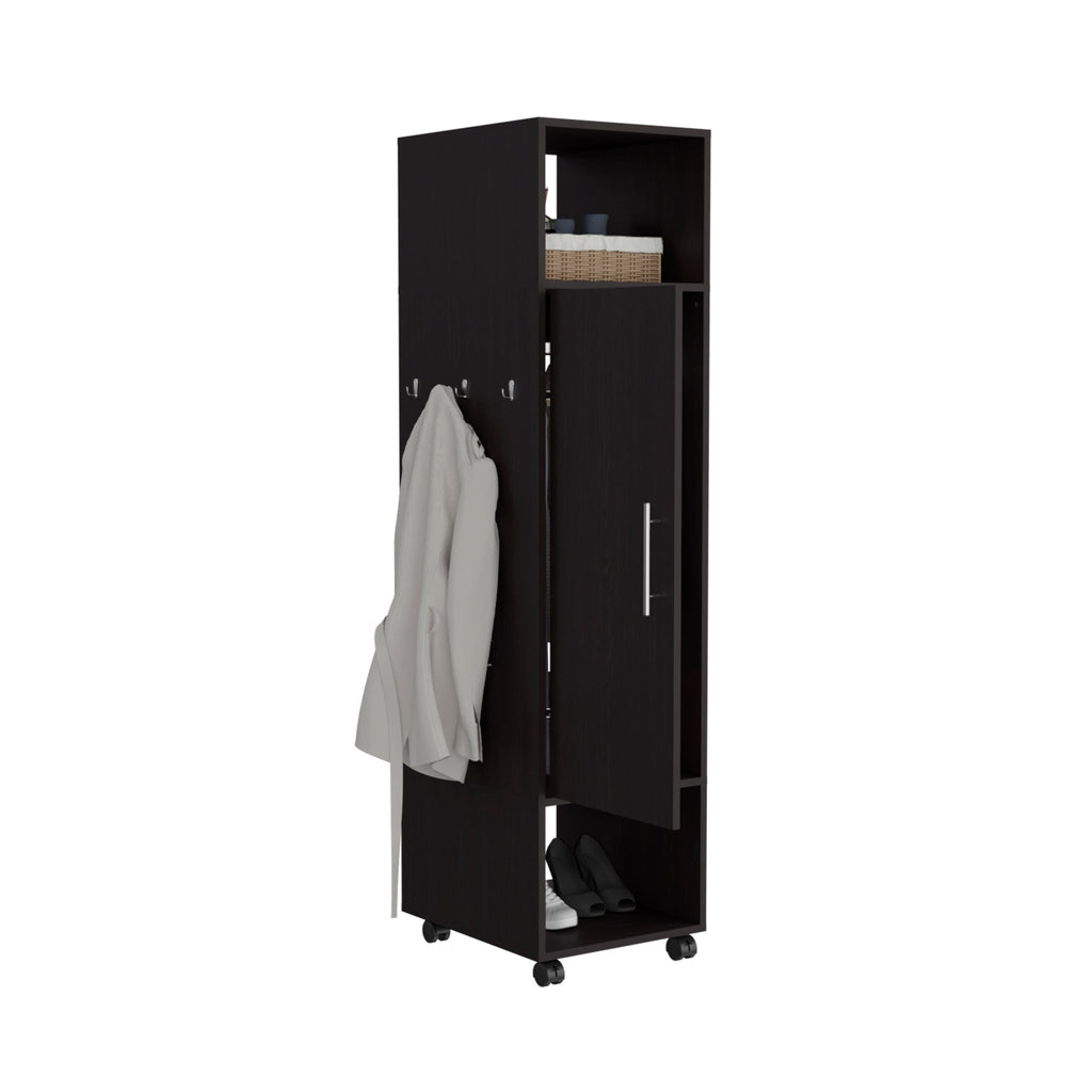 Matte-black armoire with mirror, limited edition Anthony & Home wardrobe featuring sleek design and reflective front panel.