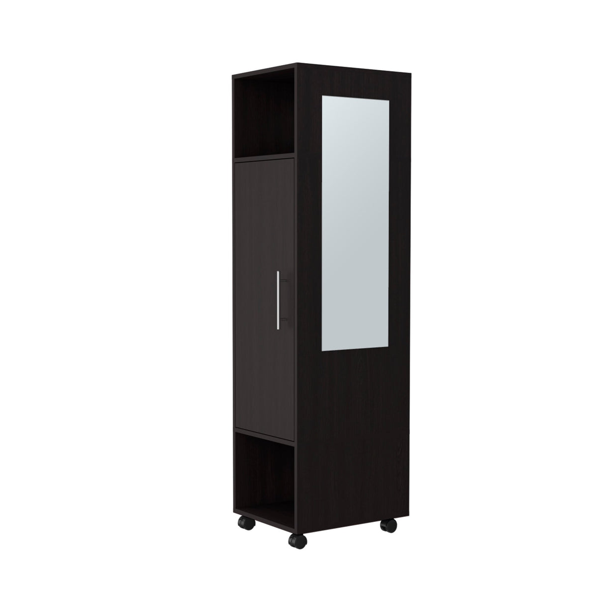 Matte-black armoire with mirror by Anthony & Home, featuring sleek design and reflective door.