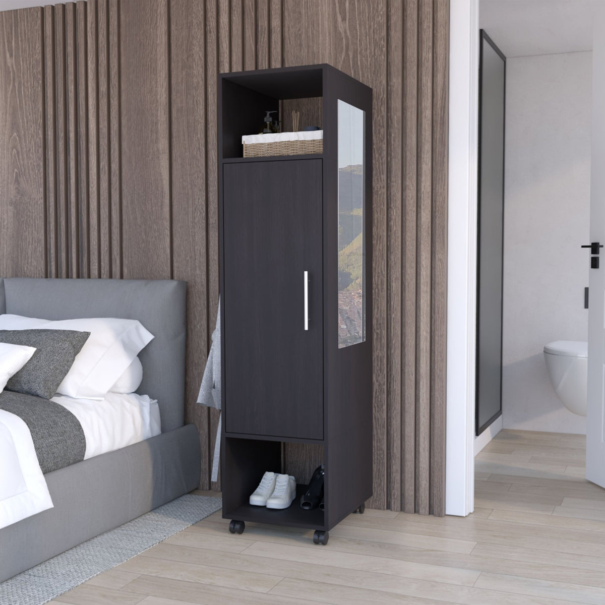 Limited edition matte-black armoire with mirror from Anthony & Home, showcasing sleek design and reflective door surface.