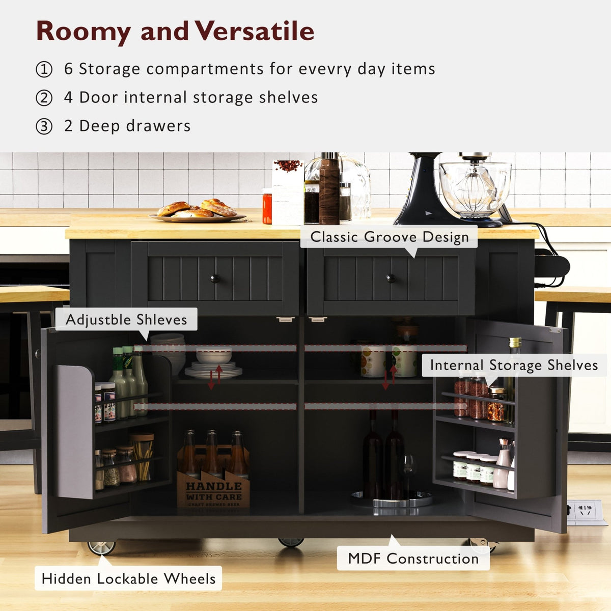 Matte black kitchen island with drop leaf and storage from Anthony & Home, featuring a modern design and clean lines.