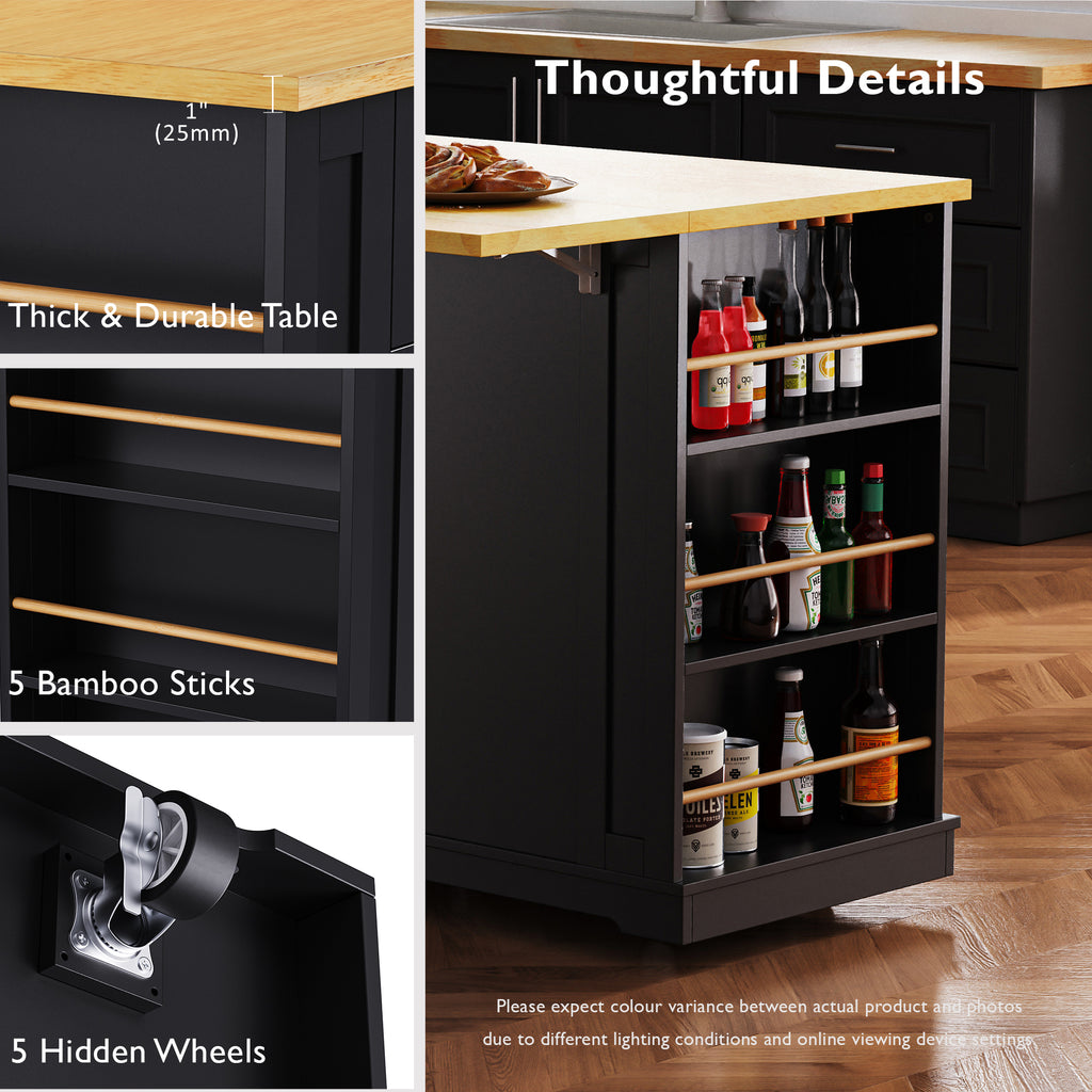 Matt black Anthony & Home kitchen island with drop leaf, featuring a sleek, modern design and ample workspace in a contemporary kitchen.