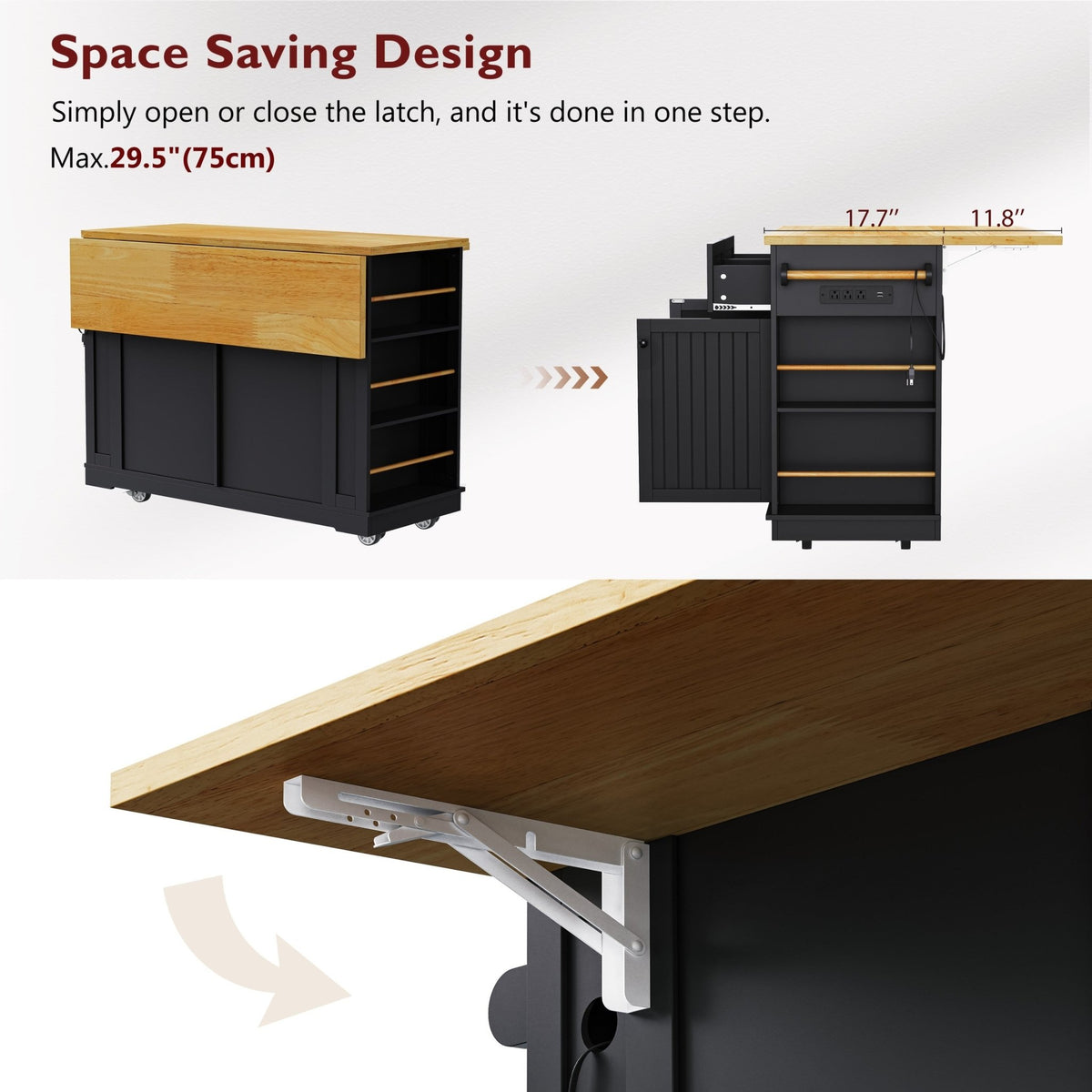 Matte black kitchen island with drop leaf and storage, designed by Anthony & Home, featuring a sleek modern look and functional surface.