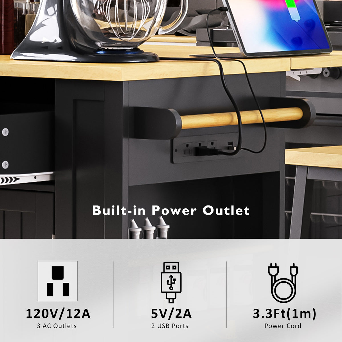 Anthony & Home limited edition matte black kitchen island with drop leaf, showcasing modern design and functional storage.
