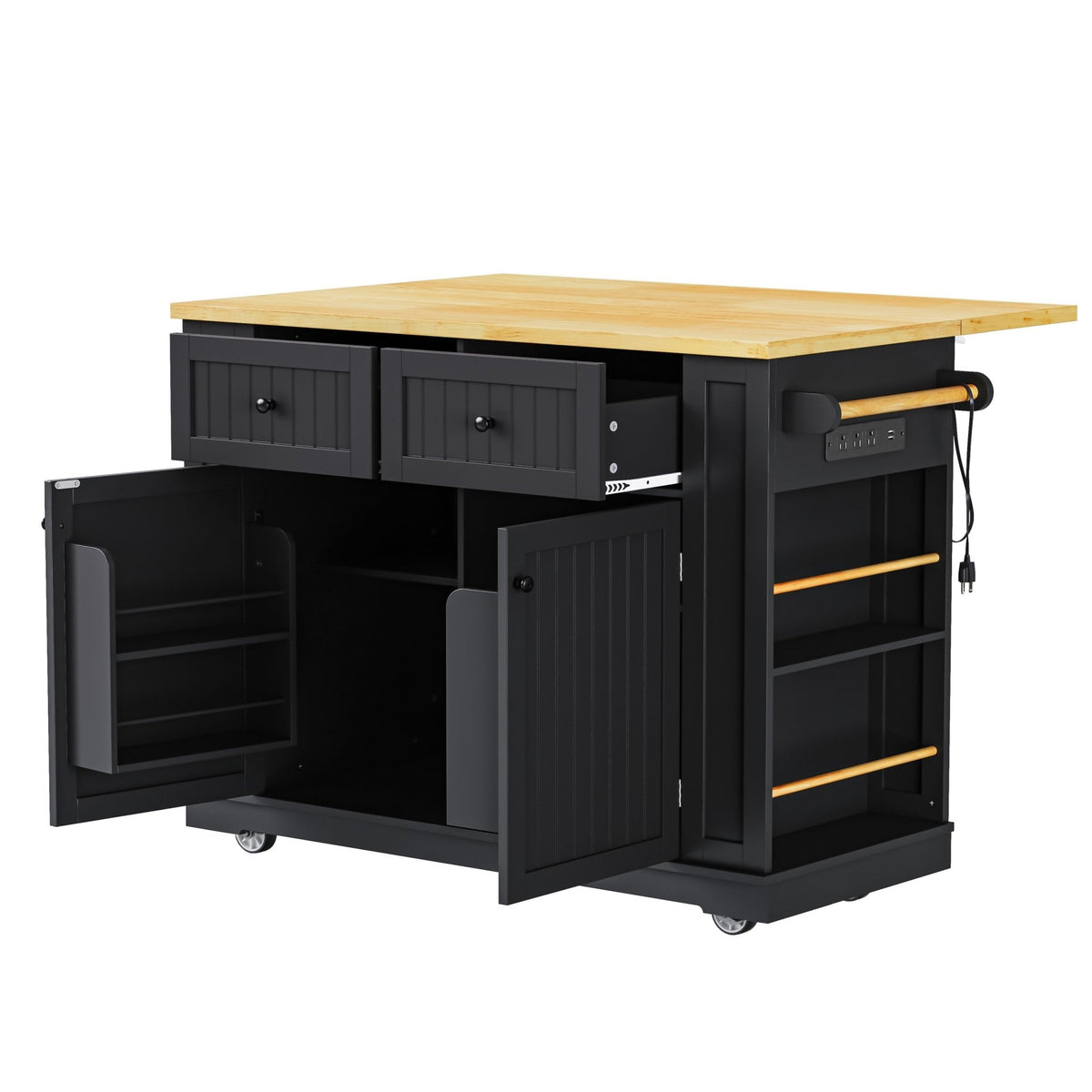 Matte black kitchen island with drop leaf, limited edition Anthony & Home kitchen furniture, shown with versatile workspace and storage