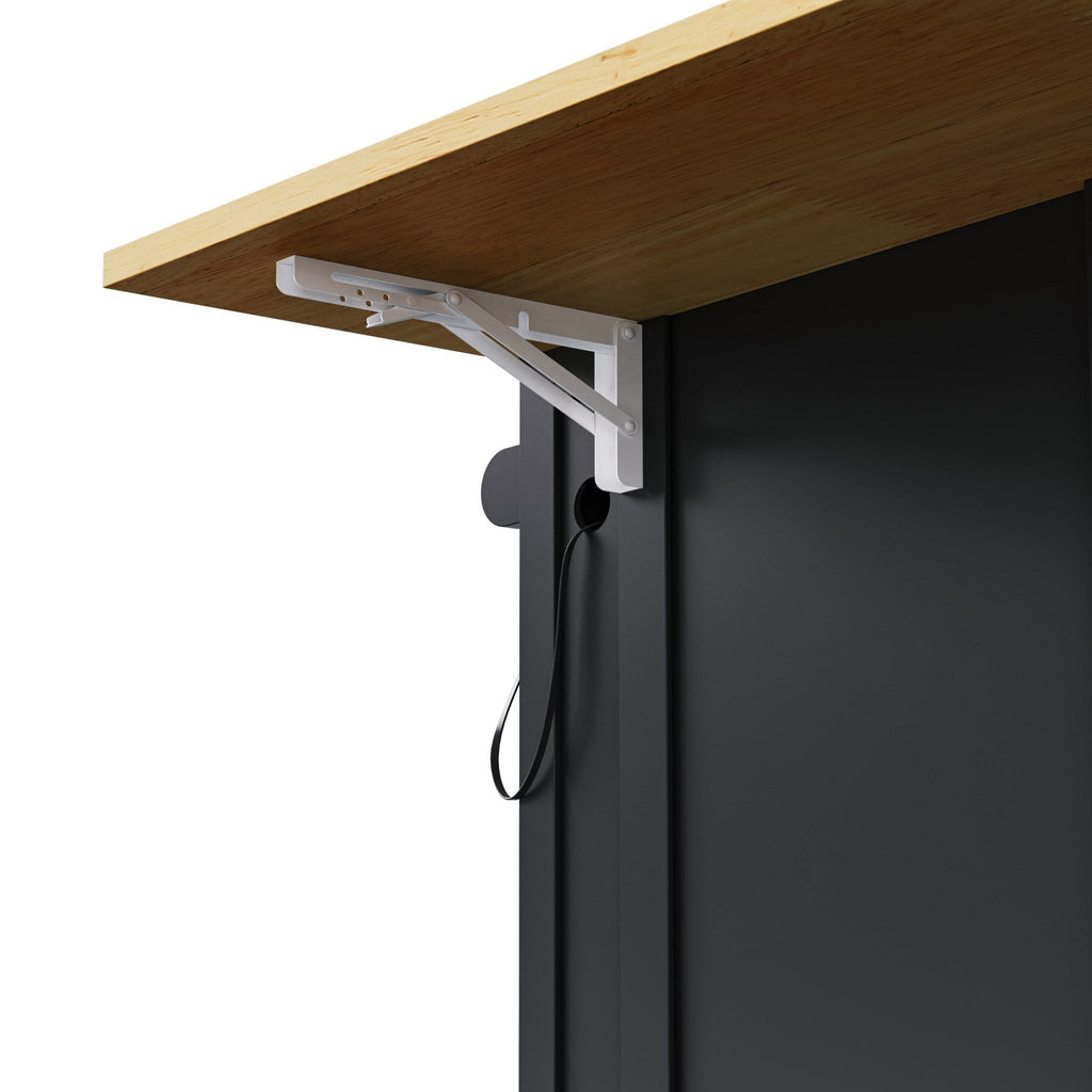 Limited edition matte black kitchen island with drop leaf by Anthony & Home, showing a sleek, modern kitchen workspace with storage.