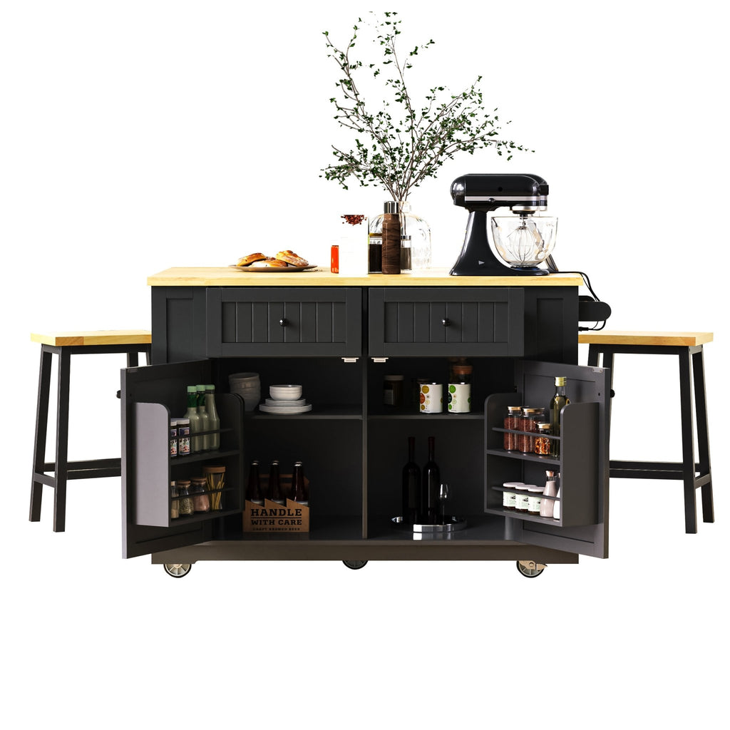 Matte black limited edition kitchen island with drop leaf by Anthony & Home, featuring a modern design and ample workspace.
