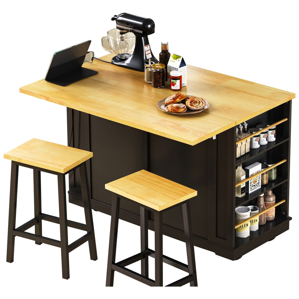 Matte black kitchen island with drop leaf, limited edition by Anthony & Home, showing its sleek design and spacious surface.