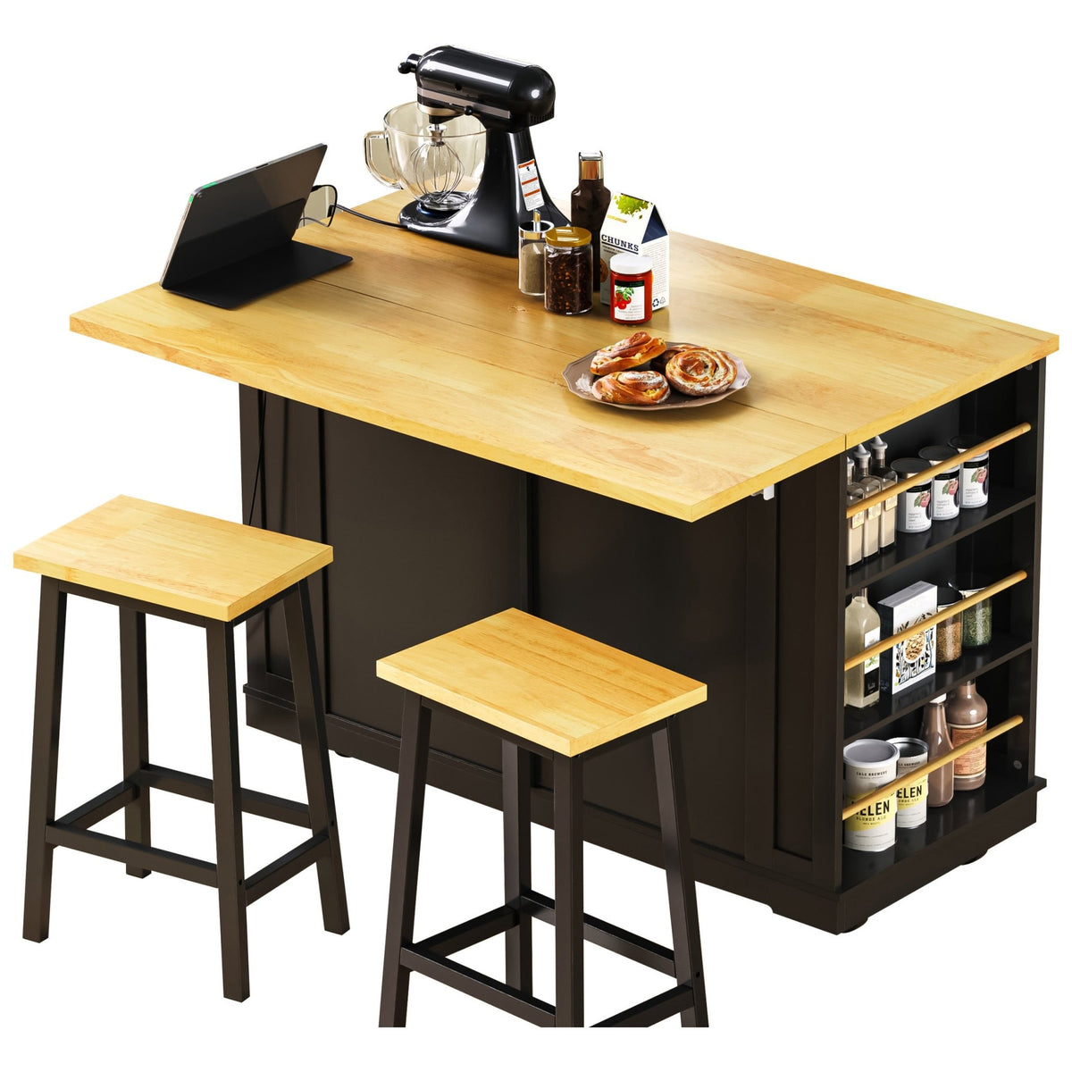 Matte black kitchen island with drop leaf, limited edition by Anthony & Home, showing its sleek design and spacious surface.