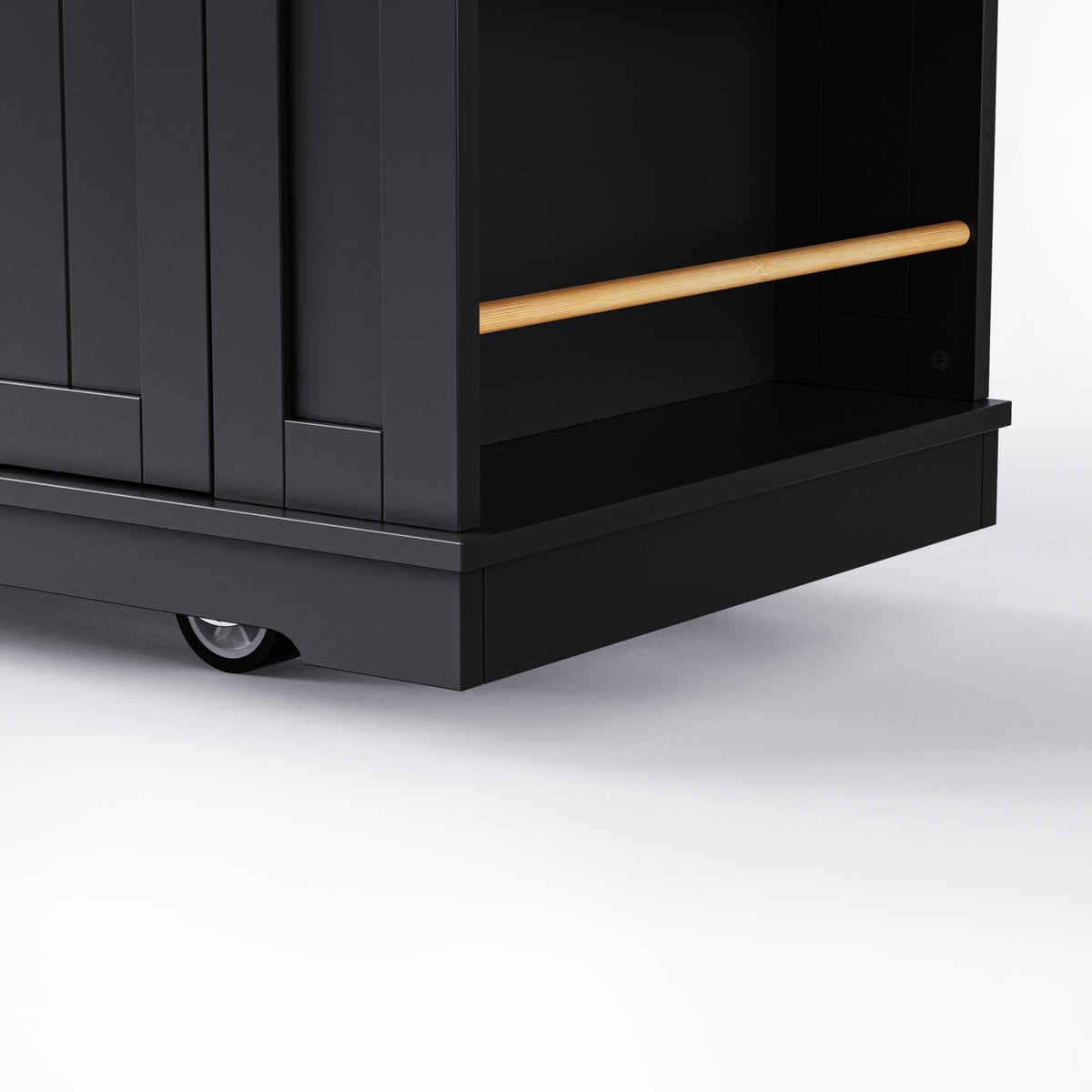 Limited edition matte black kitchen island with drop leaf by Anthony & Home, featuring a modern design and ample workspace.